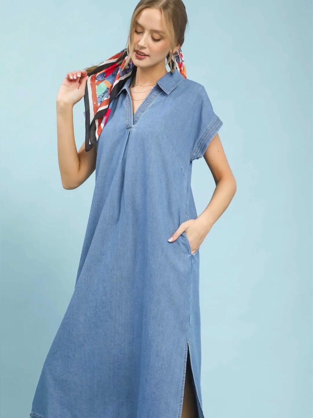 Umgee Stone Washed Collared Denim Midi Dress - Picture 2 of 7